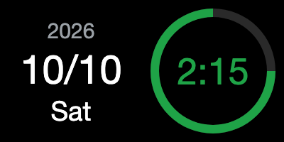 A Stream Deck + dial display: the date (2026, 10/10, Sat) on the left, and a running timer (2:15) with a ring for the time left on the right.